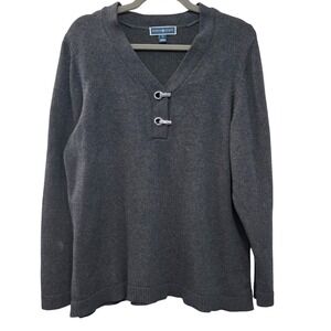 Karen Scott Womens 1X Gray V-Neck Cotton Sweater Toggle Closures Long Sleeve